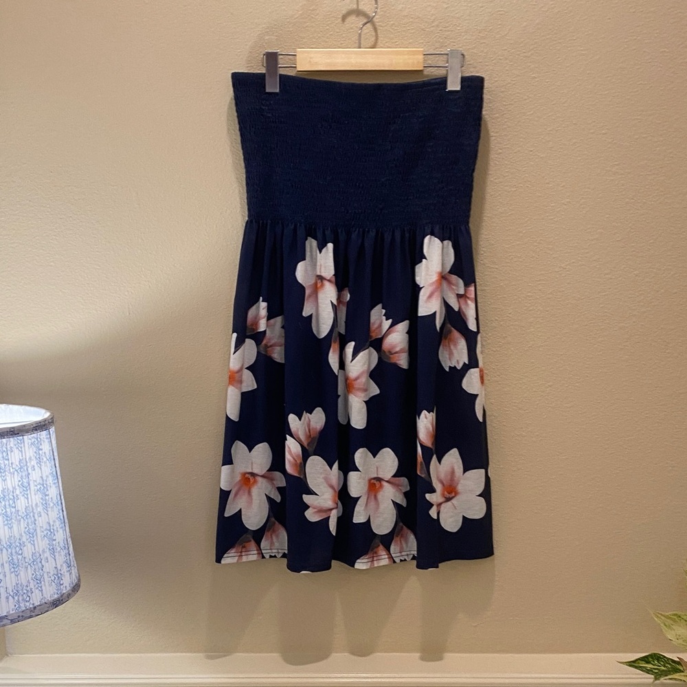 Floral Navy Smocked Strapless Swimsuit Cover or Skirt